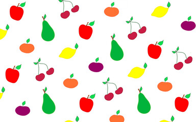 Stylized ornament fruits and berries seamless pattern. Cartoon fruits and berries art drawing print design on fabric and paper, juice packaging, baby food. Apple, cherry, pear, plum, lemon, icon.