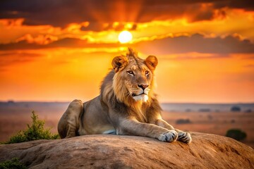 Resting lion basking in African sunset glow from high angle