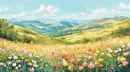 Fototapeta premium A painting of a field of wildflowers with a mountain range in the distance under a blue sky