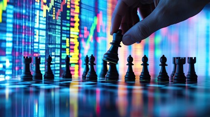 Image of hands laying down a chessboard made of stock market graphs, marketing strategies and decisions in volatile stock market.