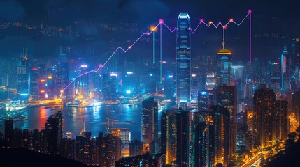 Digital image of the city at night showing growth and city lights.
