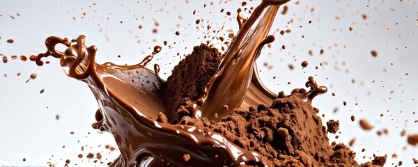 Fototapeta premium Rich chocolate splashes around cocoa powder in an artistic display, showcasing the texture and richness in cooking
