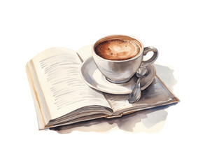 watercolor illustration of a cup of coffee on a saucer with a spoon stands on an open notebook on transparent background
