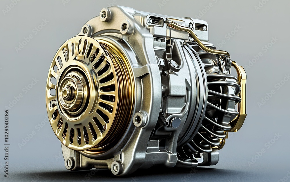 Poster close-up of a modern car engine alternator showcasing intricate design details and metallic finish i