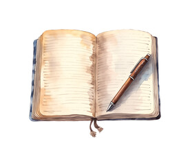 Watercolor illustration of opened notebook with a pen on transparent background