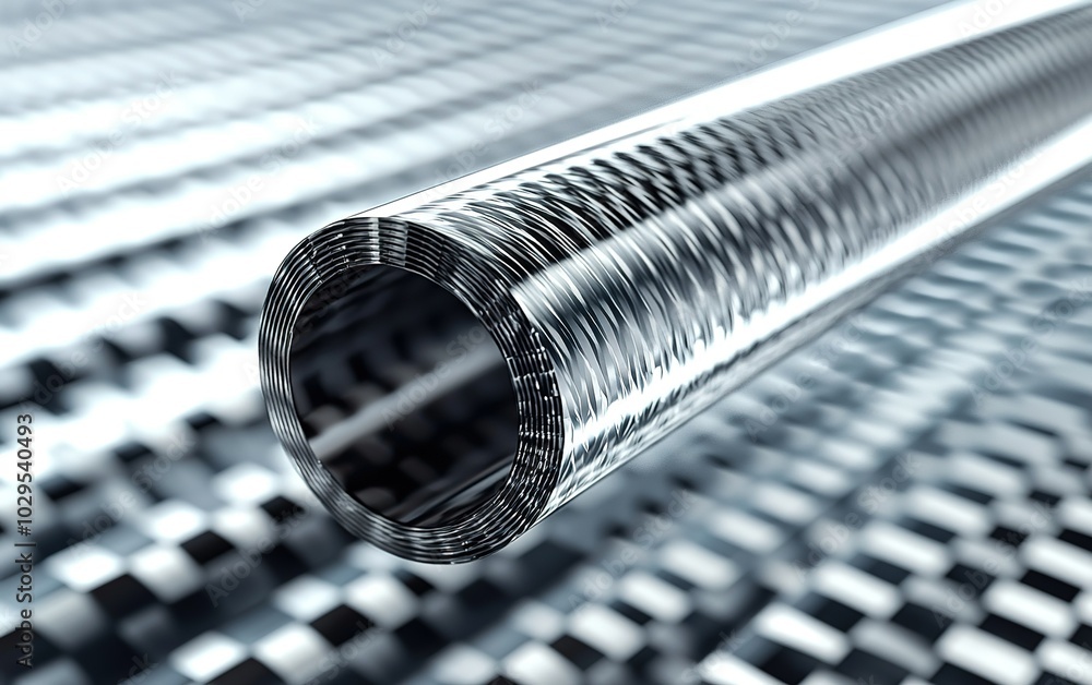 Poster close-up view of a metallic pipe laying on a textured surface with reflective properties, showcasing