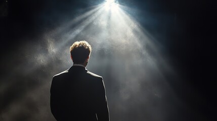 Obraz premium Silhouetted figure standing in a spotlight, bathed in smoky beams of light. .