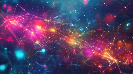 Abstract illustration of geometric shapes and structures in bright neon colors and cyber lights on a dark background.
