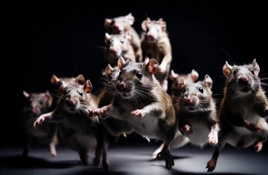 Group of running rats on black background,low key