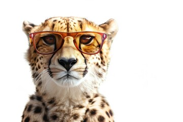 Fototapeta premium Cheetah wearing trendy glasses isolated on white background showcasing unique blend of wildlife and fashion humor