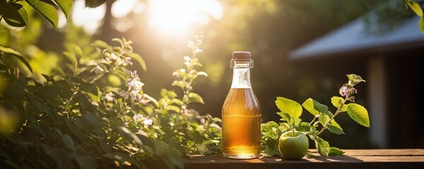 Sunlit glass bottle of apple cider vinegar surrounded by green leaves and blossoms in a garden at sunset