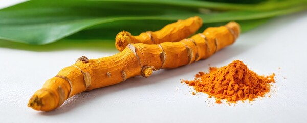 Fototapeta premium Natural turmeric roots and ground turmeric powder on a white surface with green leaves in the background showcasing culinary ingredients