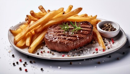  Organic beef steak resting on a bed of crispy French fries, garnished with coarse sea salt a