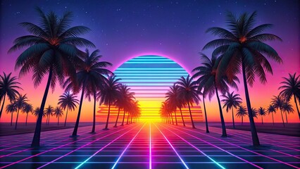 Retro neon landscape background with palm trees in forced perspective