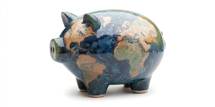 A ceramic piggy bank designed with a map of the Earth, isolated on a white background.