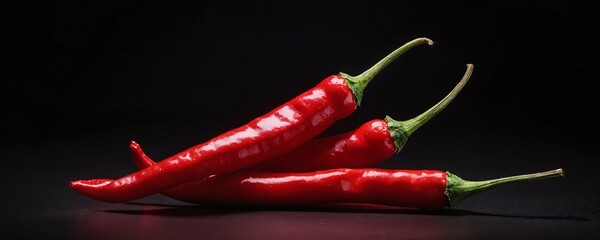 Fresh red chili peppers arranged on a dark surface highlighting their vibrant colors and smooth texture in a simple composition