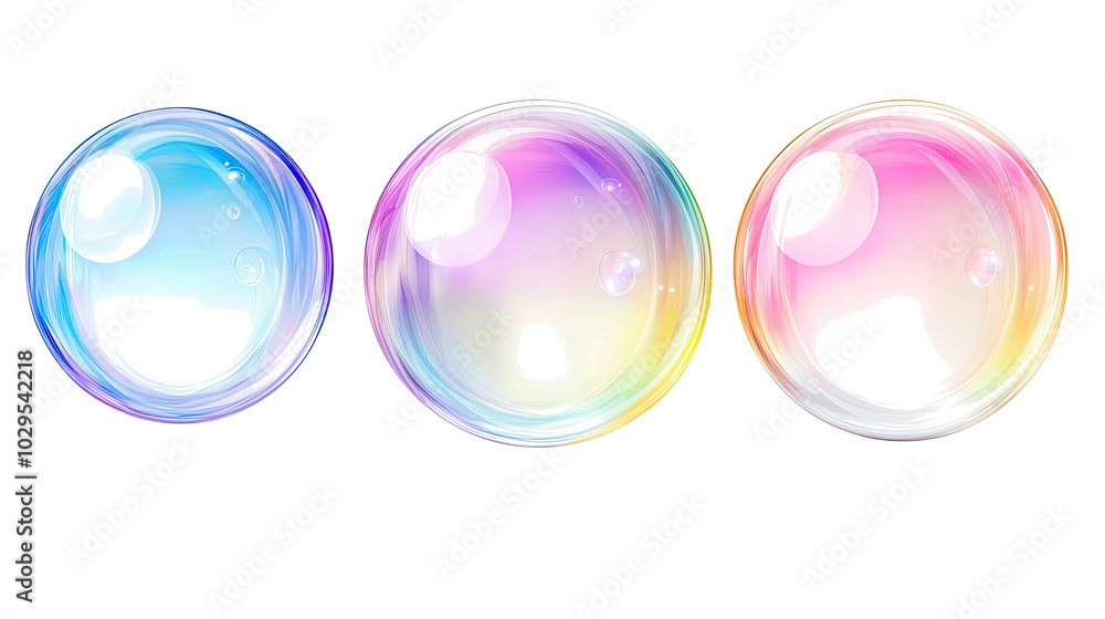 Poster colorful soap bubbles with rainbow reflections on a white background generative ai