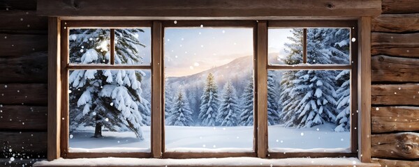 A cozy winter view of snow-covered trees and mountains from a rustic cabin window on a serene morning