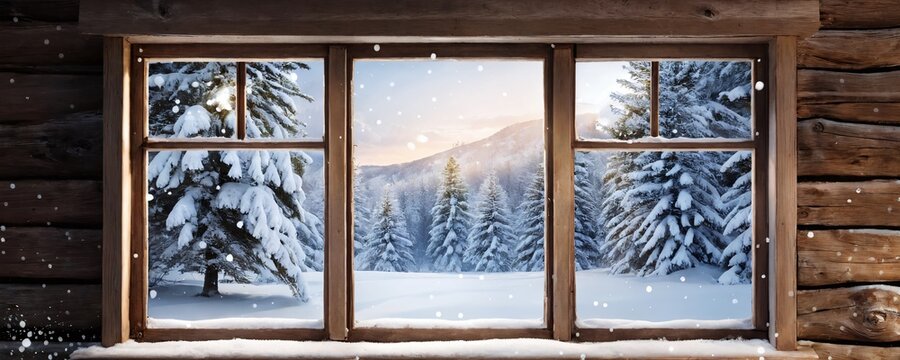 A cozy winter view of snow-covered trees and mountains from a rustic cabin window on a serene morning
