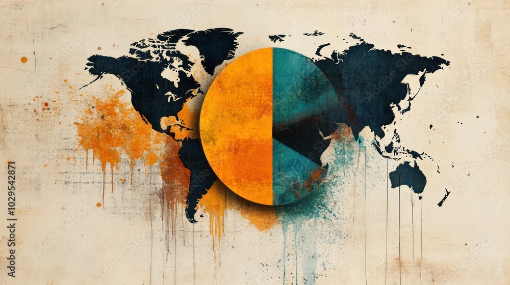 Poster a world map with a pie chart in the middle, with a textured background.