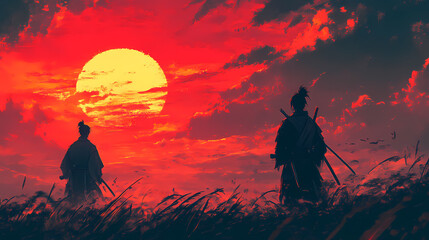 Fototapeta premium Sunset Samurai Duel Japanese Anime Illustration