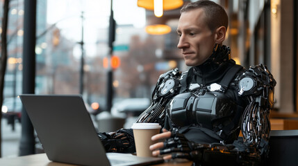 A bionic transhuman robot, sits at a café table, sipping coffee and focused on a laptop as city life unfolds around him.Humanoid robot man is sitting in a cafe.