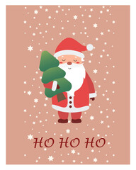 Christmas clipart with Santa in a cute hat and holding a Christmas tree. New Year's card. Set of cute clipart with Christmas gifts. Vector graphics. Pink, red background, snowy