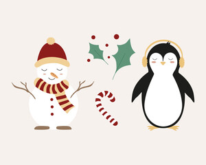 Christmas set of elements, set, clipart withThe penguin and the snowman. Set of cute clipart with Christmas gifts. Vector graphics. Mistletoe. 