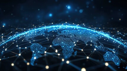 A glowing digital world map connected by lines. .