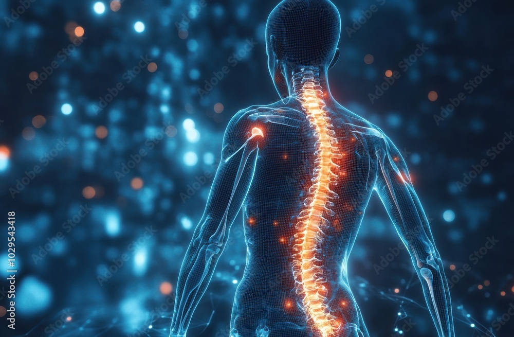 Wall mural Digital illustration of human spine with glowing highlights in an X-ray view of the back, emphasizing anatomy and neural connections