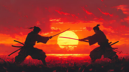 Obraz premium Sunset Samurai Duel Japanese Anime Illustration