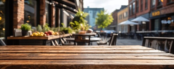 Wooden outdoor tables set for dining on a sunny day in a bustling urban street with greenery