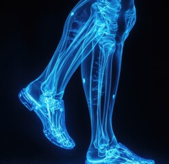 X-ray image showing the detailed structure of a human skeleton with vibrant blue and orange tones highlighting bone anatomy