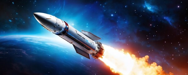 Obraz premium Rocket launches into space against a backdrop of stars and Earth, showcasing the power of modern technology during a clear night