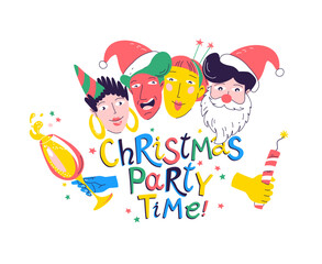 Joy of a Christmas party festive characters wearing Santa hats. Holiday fun with champagne toasts, bright decorations, and happy faces. Perfect for invitations, greeting cards, or event promotion