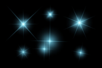 blue sparkle lights, flashing lights, light effects, sunlight lens flare, glowing ray beams, sparkling starsicon on black background.