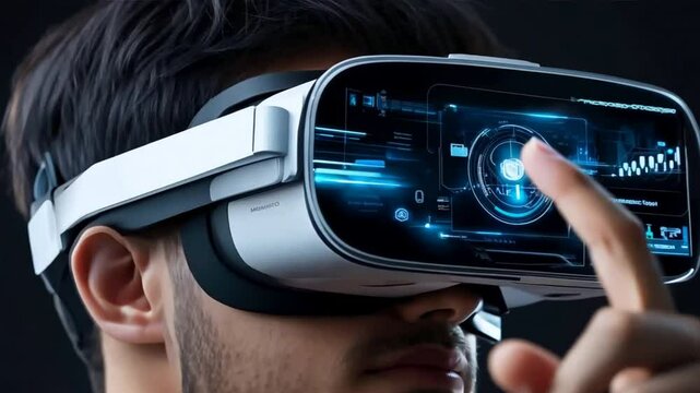 Man Interacting with Futuristic VR Headset 