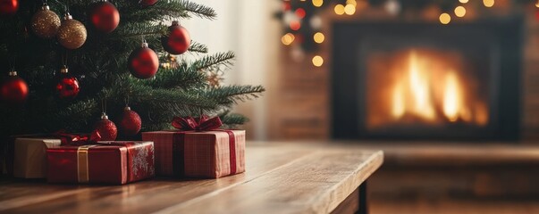 Cozy Christmas living room with decorated holiday tree and red presents by the fireplace, creating a warm and festive atmosphere