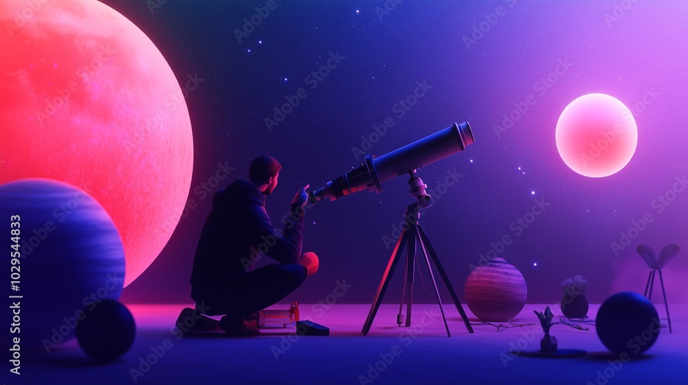 Wall mural a person observing distant planets through a telescope in a vividly colored cosmic setting during tw