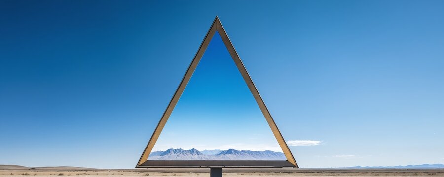 A striking triangular frame showcasing a serene desert landscape under a clear blue sky with distant mountains during daylight