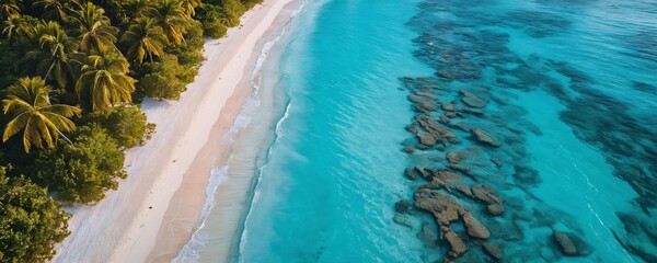 Fototapeta premium Aerial view of a serene tropical beach with turquoise water and rocky shoreline surrounded by lush palm trees in bright daylight