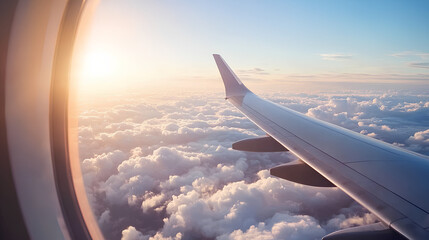 Obraz premium porthole, airplane wing, light clouds, sunny weather, travel