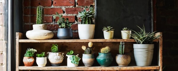 A rustic wooden shelf adorned with a variety of potted plants in a cozy indoor space surrounded by brick walls