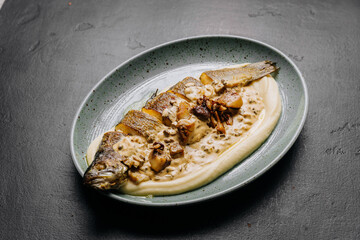 Close-up of roasted fish fillet with creamy mushroom sauce, culinary and food photography