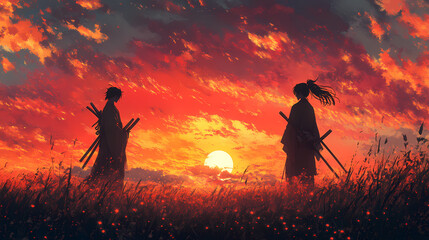 Obraz premium Epic Samurai Duel at Sunset Anime Illustration