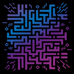 Colorful geometric maze design on a black background showcasing intricate patterns and lines