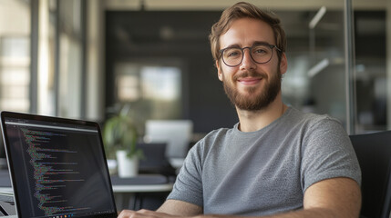 Portrait of a young software developer at a tech startup interview, sitting confidently in a glass-walled office with a laptop and code projects on display photo