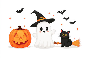 Cartoon ghost with broom, Halloween pumpkins and cat on white background