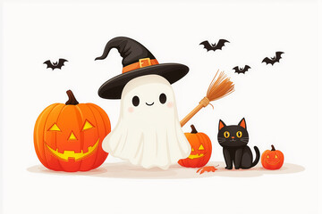 Cartoon ghost with broom, Halloween pumpkins, bats and black cat