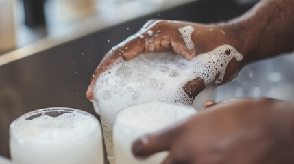 Close-up of hands scrubbing pint glasses in a soapy sink during a pub’s cleanup shift photo